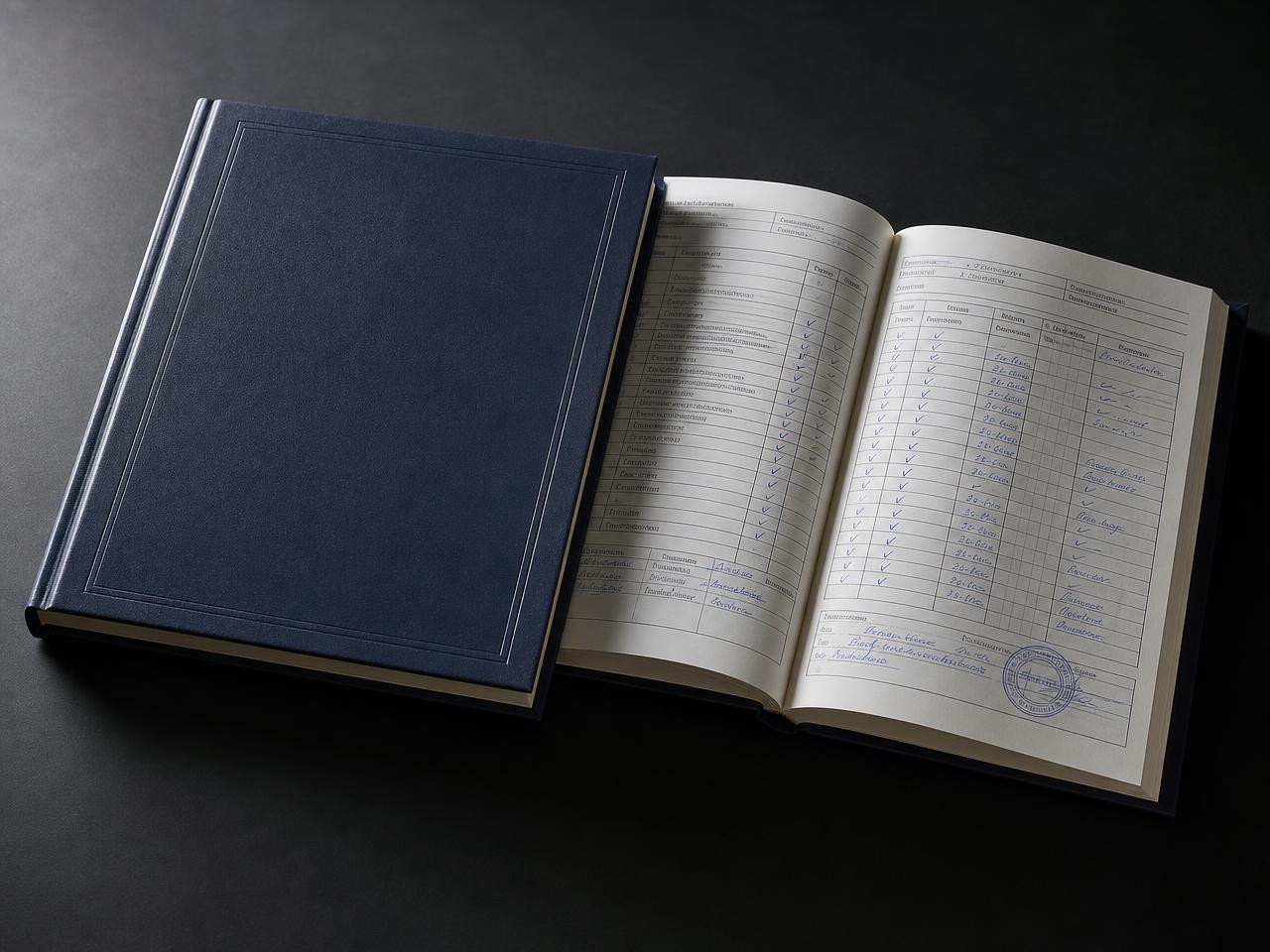 An engineering record book open to a ruled installation checklist