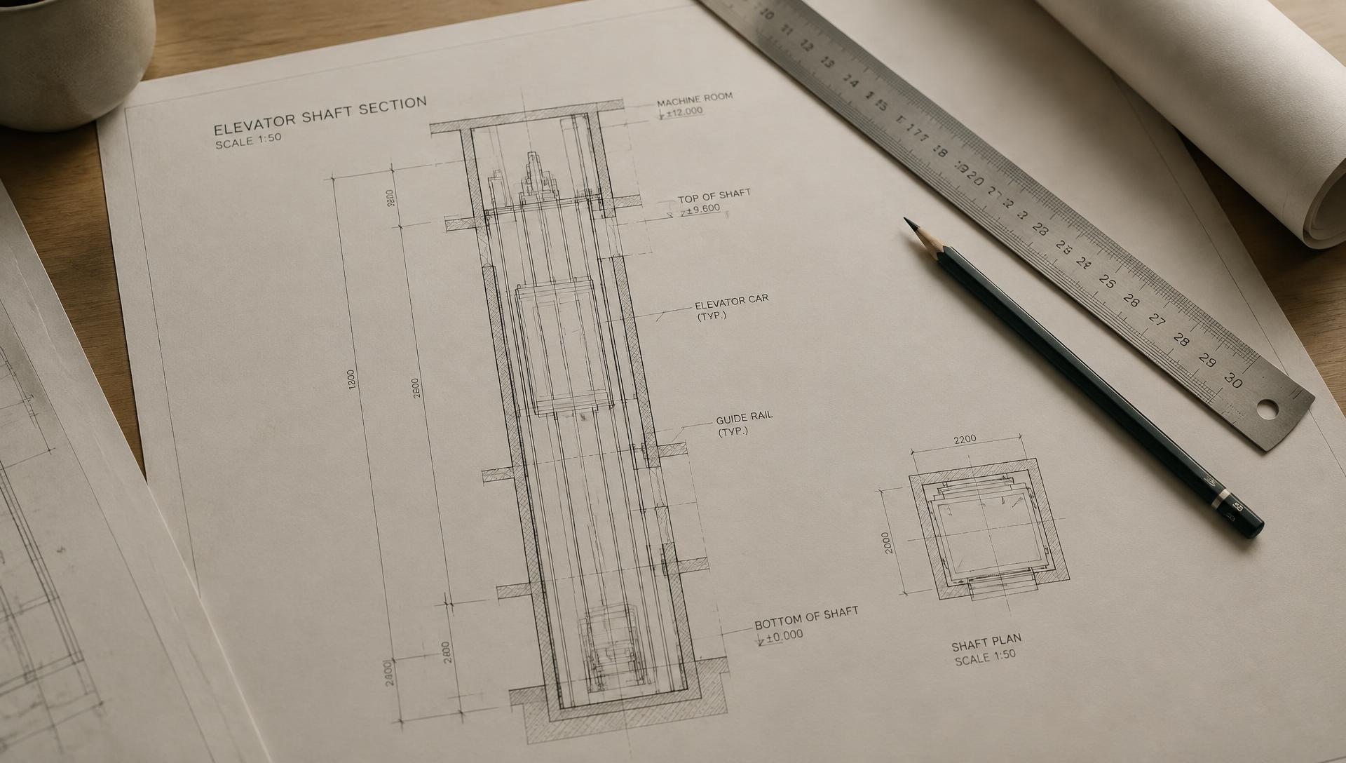 Elevator shaft section drawings on a desk with a ruler and pencil