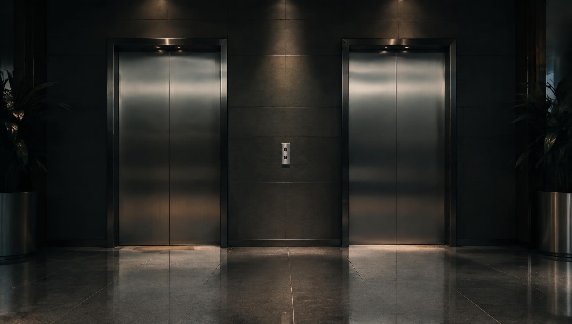 Brushed stainless steel elevator doors in a modern lobby
