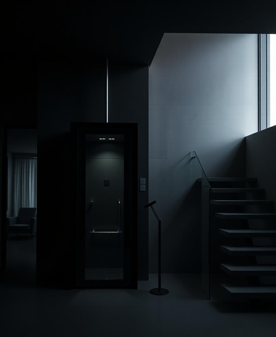 Compact home elevator beside a staircase in a minimalist villa