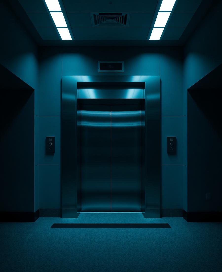 Wide stainless steel hospital elevator doors in a corridor