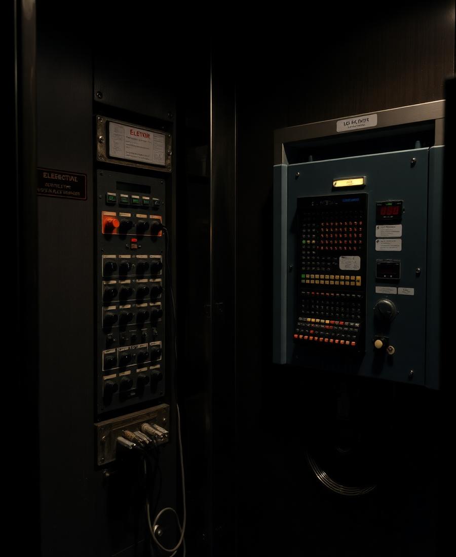 Old elevator control panel next to a modern controller cabinet