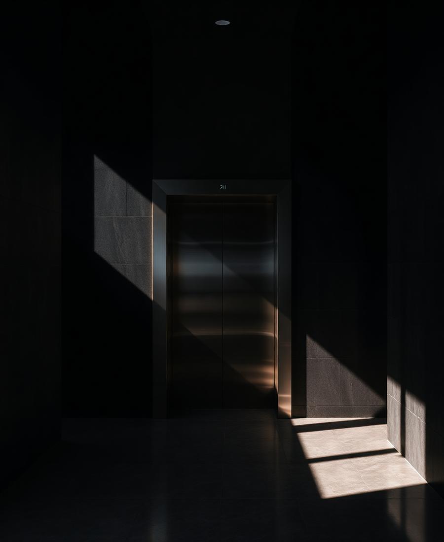 Steel elevator doors in a dark modern lobby